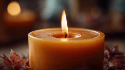 Close-Up of Scented Candle with Autumn Leaves and Warm Glow