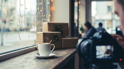 A woman is taking a picture of a cup of coffee with a cinnamon stick in it. The scene is set in a cafe with a window view of the street
