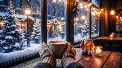 A person is holding a mug of hot chocolate in front of a window with snow outside. The scene is cozy and warm, with a rabbit figurine on the table and candles in the background