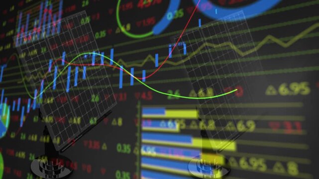 Analyzing financial graphs with fluctuating lines and numbers in animation style