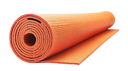 A vibrant orange yoga mat rolled up on a black background