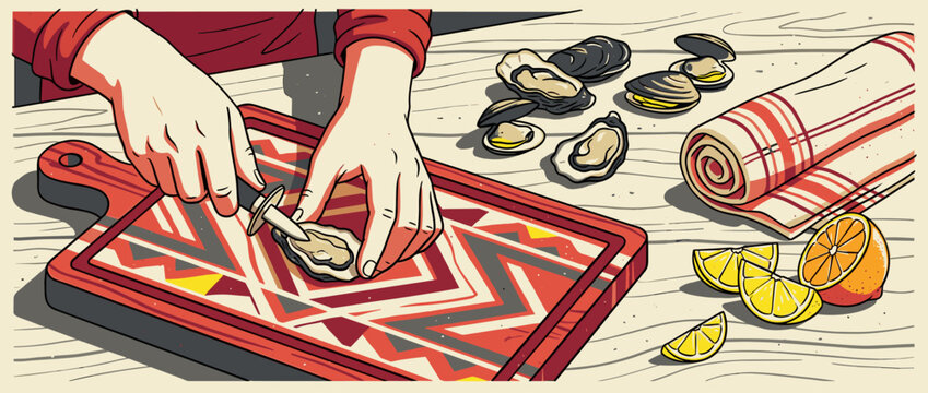Hands carefully shucking a raw oyster with a special knife on a decorative red cutting board, with fresh clams and sliced citrus fruit nearby in a graphic art style
