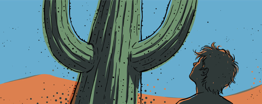 Person's silhouette looking up in awe at a giant saguaro cactus in a hot desert landscape, depicted in a bold graphic novel illustration style with a limited color palette