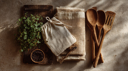 Eco-Friendly Lifestyle Still Life with Cloth and Wooden Utensils