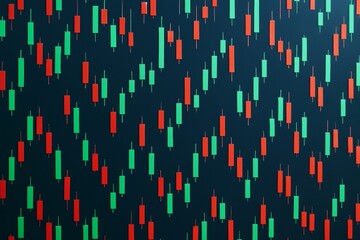 Abstract background featuring green and red candlestick chart symbols on a dark backdrop, representing financial market trends and data visualization. Ai generative