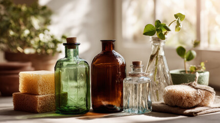Eco-Friendly Still Life with Natural Elements and Glass Bottles