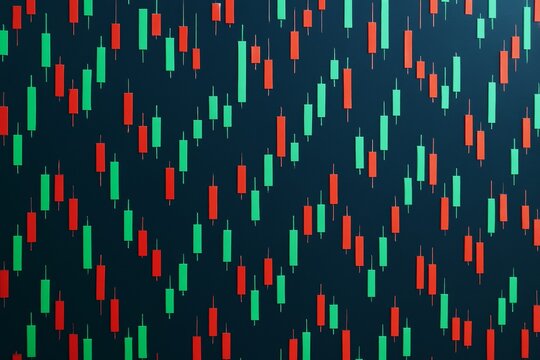 Abstract background featuring green and red candlestick chart symbols on a dark backdrop, representing financial market trends and data visualization. Ai generative - Powered by Adobe