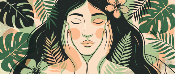Obraz premium Illustrated woman with long dark hair touching her face with closed eyes, surrounded by tropical leaves and flowers in a serene, natural beauty concept art style