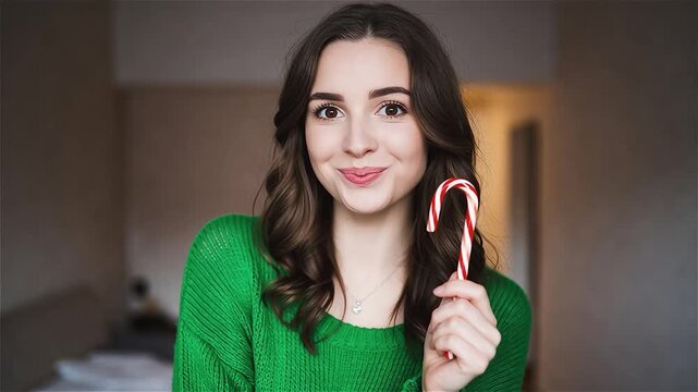 Young woman with long dark hair wearing green knitted sweater holding christmas candy cane making playful pucker face pose in festive holiday interior