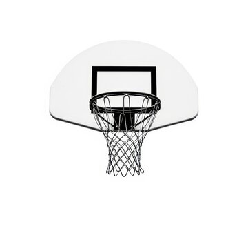 A black basketball hoop with a clear backboard isolated on white background