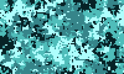 Fototapeta premium Abstract digital camouflage pattern in teal and black. Perfect for backgrounds, textiles, or tech designs. Its pixelated texture offers a modern, versatile aesthetic.