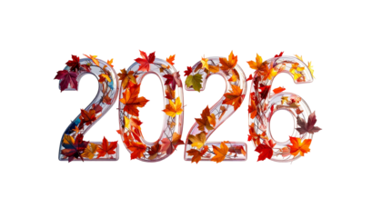 2026" with colorful autumn leaves on black background