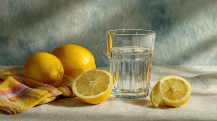 Refreshing Still Life with Lemon and Glass of Water
