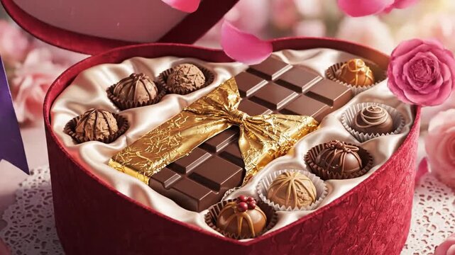 A red heartshaped box filled with a chocolate bar wrapped in gold foil and various individual chocolates set on a white lace doily with blurred pink flowers