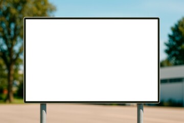 Fototapeta premium Blank outdoor billboard mockup with empty white display for branding or advertisement concept on sunny day with blurred background trees. Ai generative