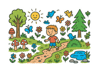 Obraz premium Whimsical Nature Walk. Nature Walk. Colorful Hand-drawn doodle Children illustration tall trees, mushrooms, butterflies, flowers, leaves, grass, sun, small