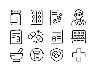 Pharmacy Icon Set. Pharmaceutical consultation. Line icon set of pharmaceutical consultation: pill bottle, blister pack, dosage chart, pharmacist icon,
