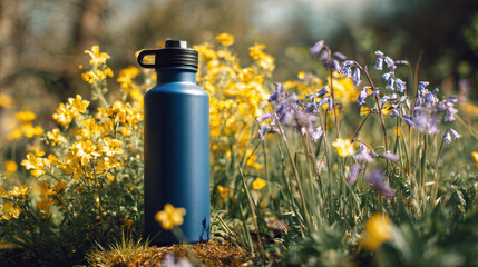 Vibrant Outdoor Exercise Water Bottle Surrounded by Colorful Flowers