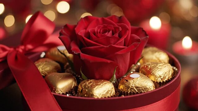A red rose in a red box with a satin ribbon containing goldenwrapped chocolates and a heartshaped candy set against a blurred background of warm lights and red candles