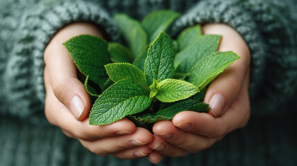 Fresh Green Leaves in Hands Representing Nature and Sustainability