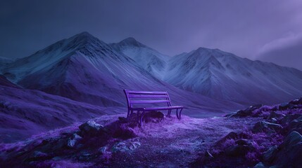 A solitary bench sits amidst purple hues, overlooking snow-capped peaks under a cloudy sky