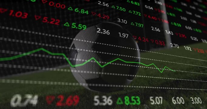soccer ball resting on grass pitch near goal net, showing betting odds and line chart
