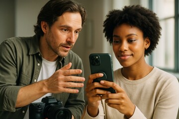 Photographer showing woman camera work while she holds smartphone, discussing photos in natural light indoor setting with soft blurred background. Ai generative