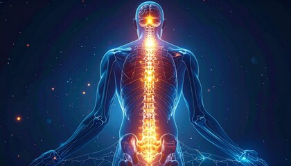 Digital illustration of the human skeletal and nervous systems from the back, with the spine glowing orange and yellow.