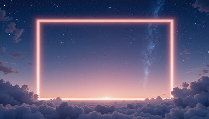 Glowing neon frame floating above fluffy clouds at sunset