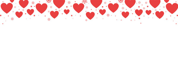 Vibrant seamless horizontal border of pink and red hearts with sparkling snowflakes and stars on transparent background. Perfect for Valentine's Day, romantic designs, love cards, invitations.