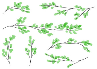 Watercolor spring branch elements for nature background　春の新芽のついた枝のイラストセット
