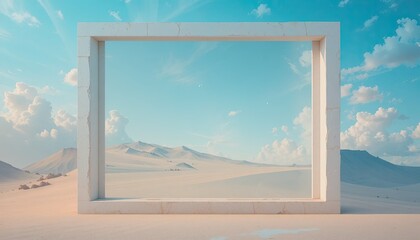 Serene desert landscape with empty white frame in sandy dunes