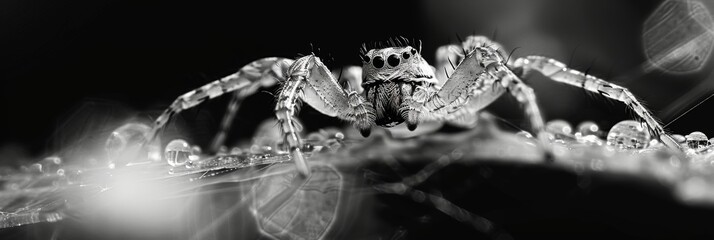 A delicate set by a skilled arachnid glistening in the sunlight. Black and white art