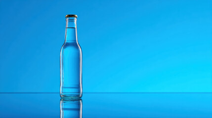 Clear Glass Bottle with Blue Beverage Against Blue Background