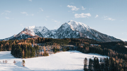 Snowy winter mountains in oberweng upperaustria
