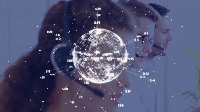 Call center agents wearing headsets working in business office, featuring glowing network globe