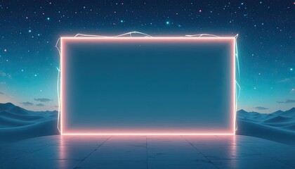 Neon lit blank frame in futuristic desert landscape at night