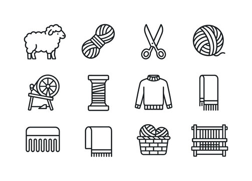 Wool Processing Icons. Wool processing. Line icon set of Wool processing: sheep, wool yarn, shears, ball of yarn, spinning wheel, thread spool, sweater, scarf,