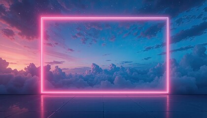 Vibrant neon frame glowing bright pink against serene cloudy sky