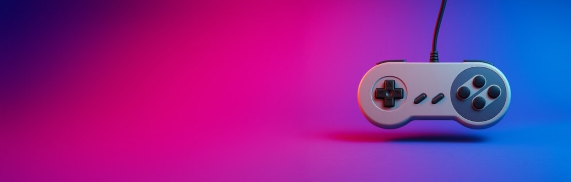 Retro game controller hanging on vibrant gradient background with empty copy space for gaming design, banner, or promotional template concept. Ai generative - Powered by Adobe