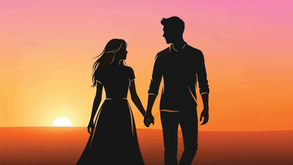 Silhouette of a romantic couple holding hands while walking against a vibrant gradient sunset backdrop symbolizing eternal togetherness and affection