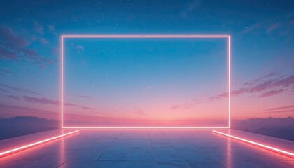 Vibrant neon frame against stunning sunset sky with stars