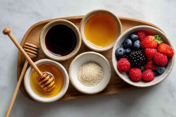 Flat lay of natural sweeteners honey, maple syrup, dates