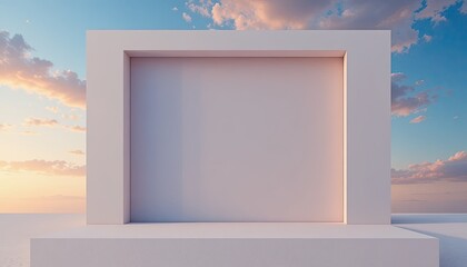 Modern white square frame on a platform against a serene sunset sky