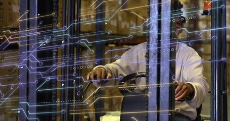 Male forklift operator navigating warehouse logistics, showing floating circuit overlays on mast - Powered by Adobe