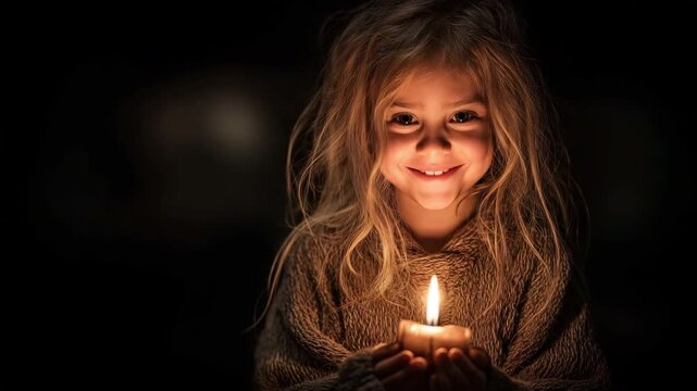 A little child in the dark with a blazing candle in her hands. Ideas on humanitarian disasters, hope, fear, and childhood throughout difficult times