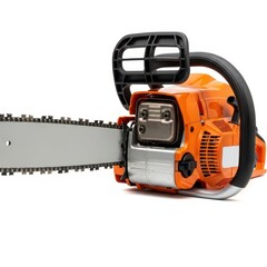 An orange chainsaw with a black handle and gray blade isolated on white background