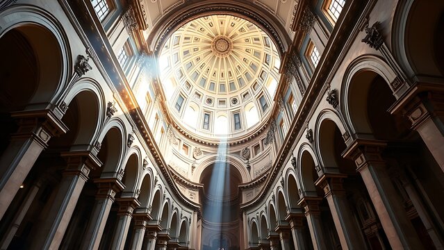 infamy. Majestic cathedral dome and arcades viewed from below, heavenly light from above. real-estate listings.