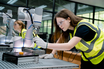 Two women in yellow vests are working on a robot