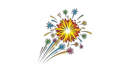Colorful Comic-Style Firework Explosion Illustration. A vibrant, stylized 2D graphic of a multi-colored firework burst with star-shaped sparks, isolated on a white background.
